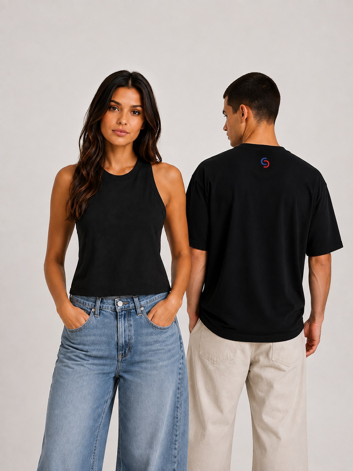 Connfi Racerback Crop Tank worn front and Comfort Triblend Tee worn from behind, showing the Connfi mark at the back neck