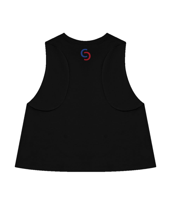 Women's Racerback Crop Tank, back with the Connfi mark at the neck